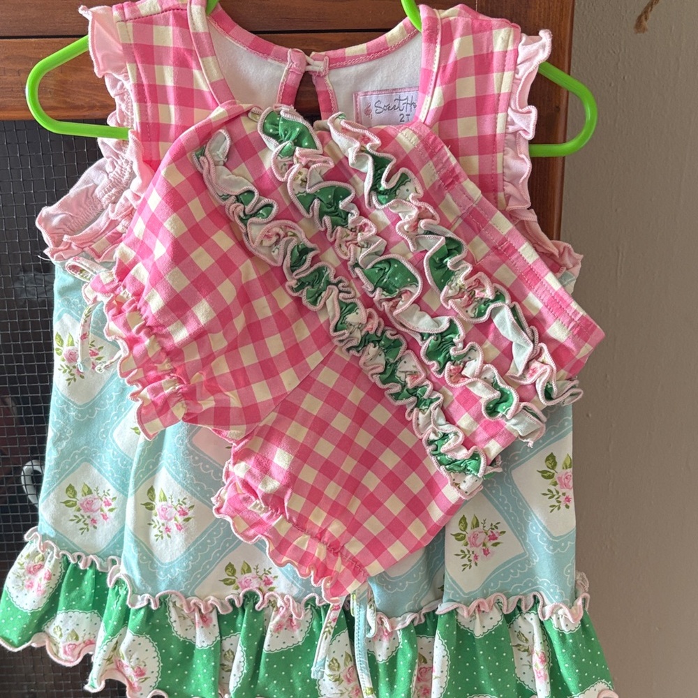 SweetHoney Pink Plaid & Aqua Floral Ruffled Girls Matching Set - Picture 2 of 3